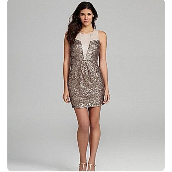 Chelsea and Violet Sequin Champagne Gold and Bronze Mini Dress Medium - Picture 1 of 7
